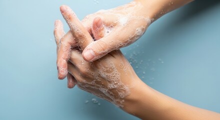 Fototapeta premium Close up view of person washing hands with soap and water.