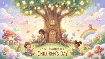 Obraz premium Celebrating International Children's Day with a magical treehouse scene, vibrant colors, and playful elements, perfect for creating joyful and whimsical designs