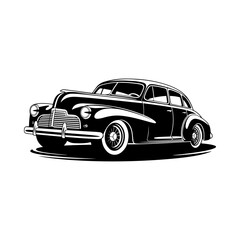 Naklejka premium A black and white vector illustration of a classic vintage car from the 1940s. A high-contrast monochrome design showcasing retro automotive style.
