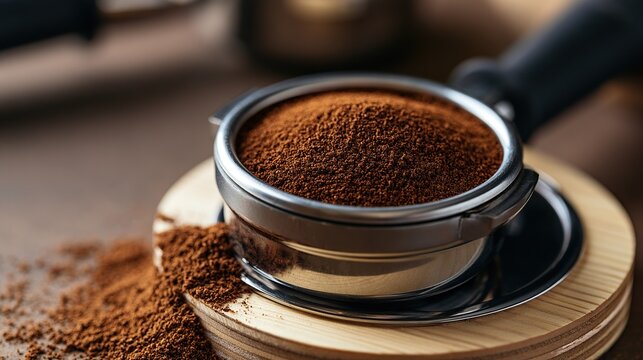 Fresh coffee grounds in portafilter on wooden tamping station