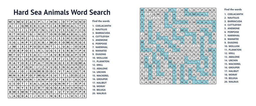 Sea Animals Advanced Fillword Word Seek Puzzle Sheet
