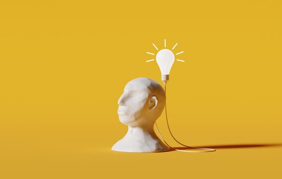 The bright idea connected to a human brain. 3d rendering	
