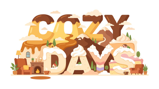 Cozy Days typographic illustration, blending warm dessert elements with charming domestic scenes, creating a feeling of comfort and relaxation.