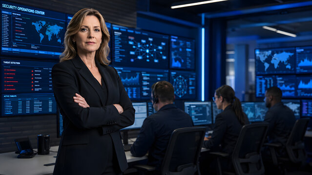 Expert woman cybersecurity director overseeing security operations center