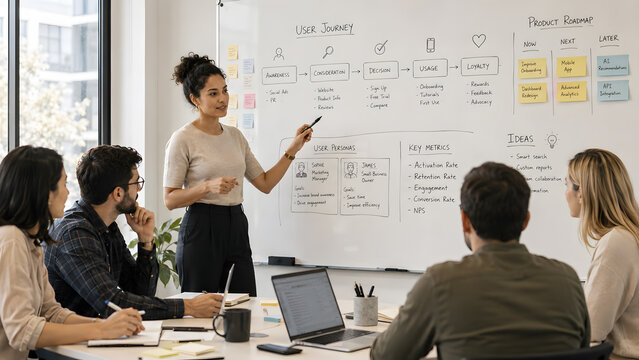 Strategic woman product manager leading cross-functional product strategy