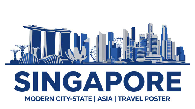Modern Singapore Skyline Travel Poster with Marina Bay Sands and Futuristic Blue Cityscape Vector Illustration