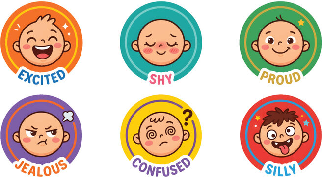 Colorful cartoon baby face stickers with emotions