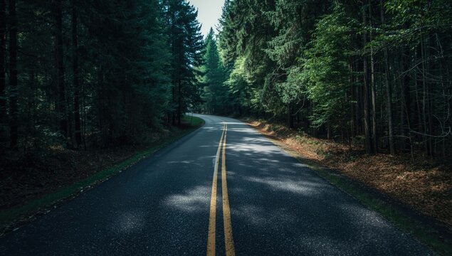 Asphalt road crossing forest creating a left right split emphasizing crossroads