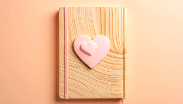 Wooden notebook with pink hearts, ideal for journaling, love notes, or romantic themes