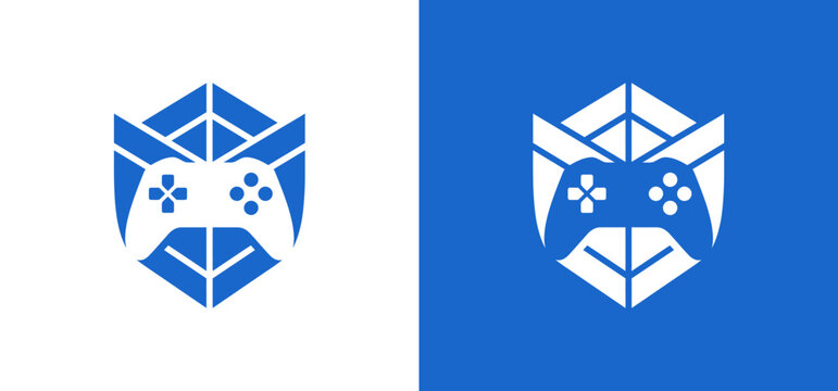 Gaming controller shield emblem logo design with controller joystick competitive tournament abstract protection security electronic entertainment branding identity template technology