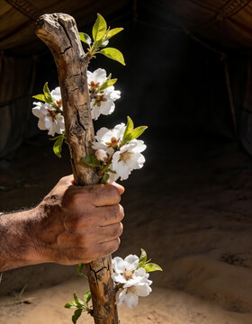 Cinematic close up of a completely dry wooden staff sprouting fresh green leaves and white almond blossoms in front of a dark tabernacle with dark copy space