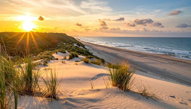 Warm golden sunset over rolling sand dunes and a tranquil ocean beach, casting long shadows and creating a serene coastal atmosphere