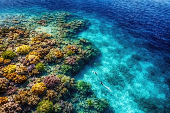 Vibrant coral reef and turquoise waters captured from above with space for additional images