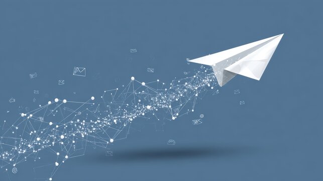 Origami Airplane Ascending: A crisp white origami airplane soars upwards, leaving a trail of interconnected digital particles and data points.