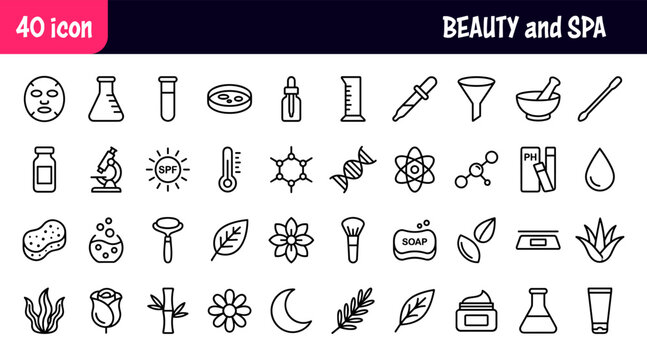 Set of 40 outline icons for beauty and spa services, skin care and wellness symbol, vector illustration