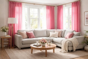 Fototapeta premium Inviting lounge room with cushioned grey sofa, lamp, and bright pink window curtains
