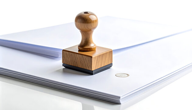 Wooden rubber stamp resting on a stack of white papers, suggesting official document approval or stamping process