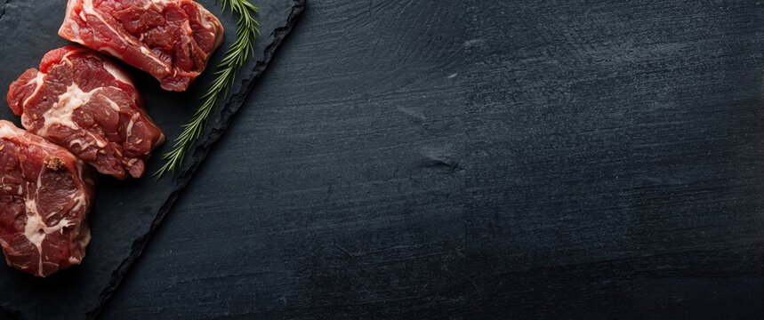 Aerial perspective of fresh lamb meat on dark slate board featuring space for text