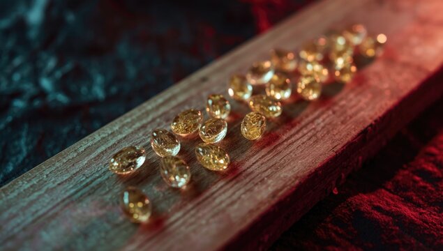 Bright synthetic 4 AcO DMT inspired tablets on wooden plank emphasizing vivid hallucination potential