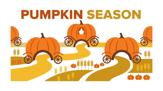 Pumpkin Season Road Trip: Embrace the vibrant spirit of autumn with a whimsical illustration of pumpkin-shaped carriages traversing scenic autumnal landscapes, heralding the arrival of pumpkin season.