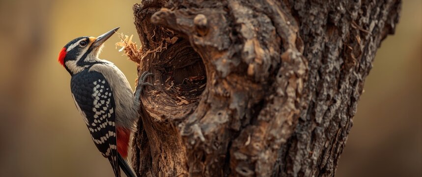 A woodpecker drilling a recently formed hole in a thick tree limb