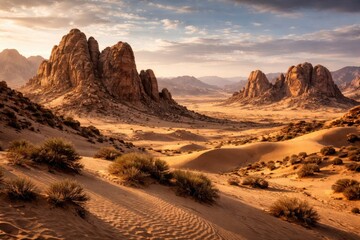 Obraz premium Scenic desert panorama featuring prominent rocky outcrops and natural sandy terrain near