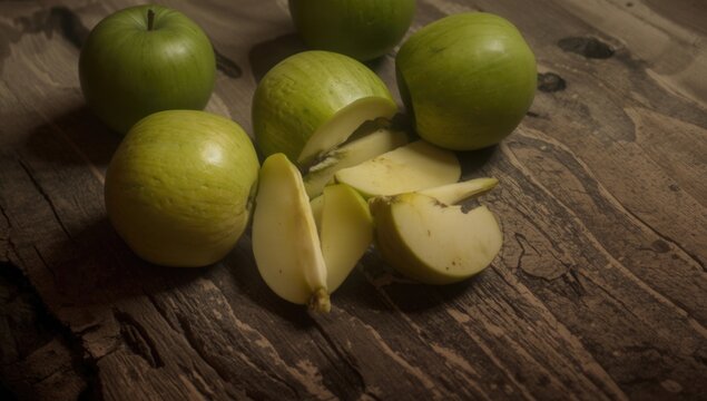 Arrangement of green apple slices on a rough wooden stalk texture