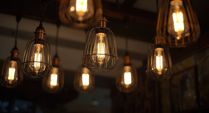 Art nouveau inspired modern wire ceiling lights with LED bulbs in selective focus
