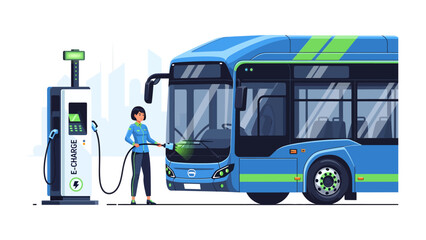 Electric Bus Charging Station: A person charges an electric bus at a modern E-Charge station, highlighting sustainable transportation and future technology. © Ajhar234