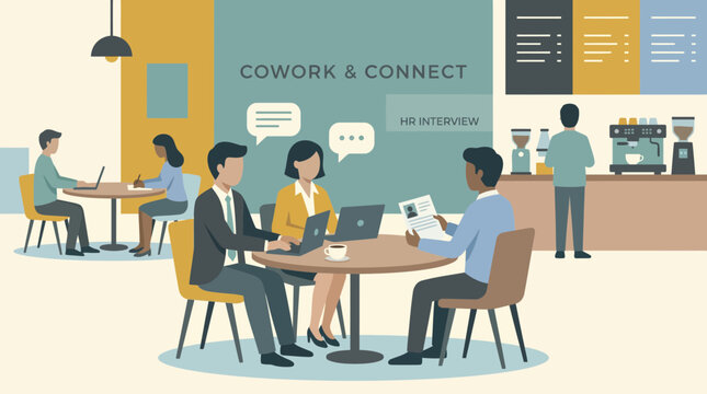 Professionals networking and interviewing in a modern coworking caf&eacute; with laptops and coffee, flat vector illustration for business lifestyle concepts.