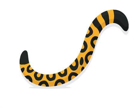A jaguars tail, crafted from cardboard with a thick black ring pattern on yellow circles, is isolated against a white background in this vector illustration of rainforest big cat parts
