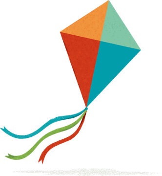 A vibrant kite made from colorful cardboard shapes, including an orange diamond with a green triangle at the top and blue, red, and green tail ribbons, is isolated on a white background in an outdoor