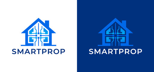 Fototapeta premium Smart property automation logo design for real estate tech with property automation building connectivity business branding identity architecture residential development innovation software