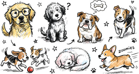 Obraz premium Playful Dogs in Various Poses and Emotions Illustration