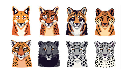 Exotic Feline Collection: A vibrant illustration showcasing a diverse array of stylized big cat portraits, featuring unique markings and expressions, evoking the wild beauty of jungle predators. © mahmuda428