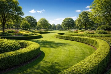 Obraz premium Well maintained park area with curved hedgerows and short grass under a vivid blue sky