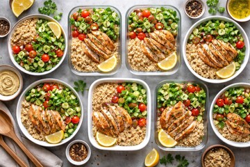 Fototapeta premium Birds eye perspective on healthy meal prep bowls including quinoa roasted chicken and vibrant green salad