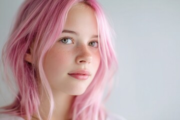 Naklejka premium portrait of a young girl with soft pink dyed hair 