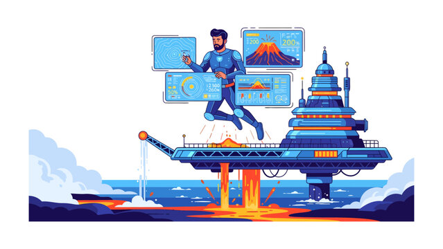 Futuristic Lava Platform: A man in a futuristic suit floats near a high-tech platform extracting lava from a volcano, with digital screens displaying data and analysis.