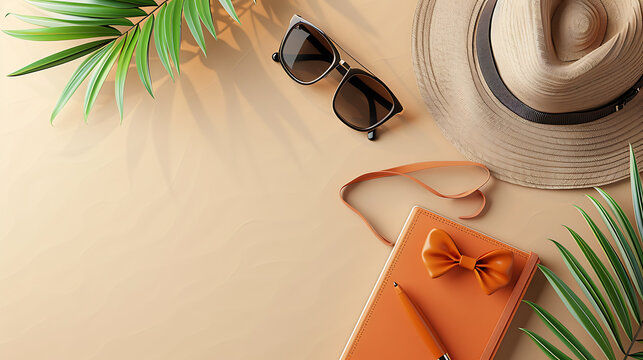 Summer island men fashion flat lay with hat sunglasses and copy space