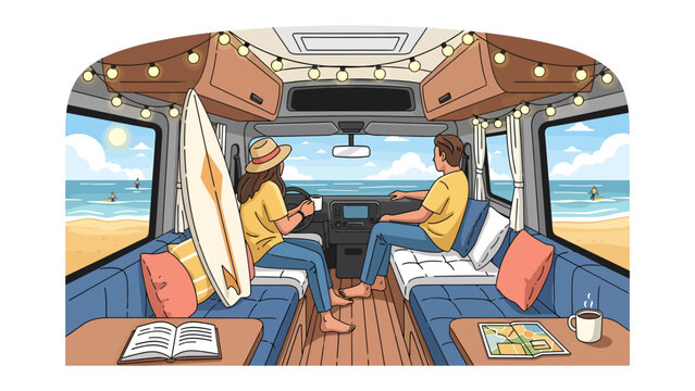 Road Trip Adventure: A couple enjoys a leisurely road trip in their camper van, parked by a sunny beach, with a surfboard ready for ocean waves and a map spread out for their next destination.