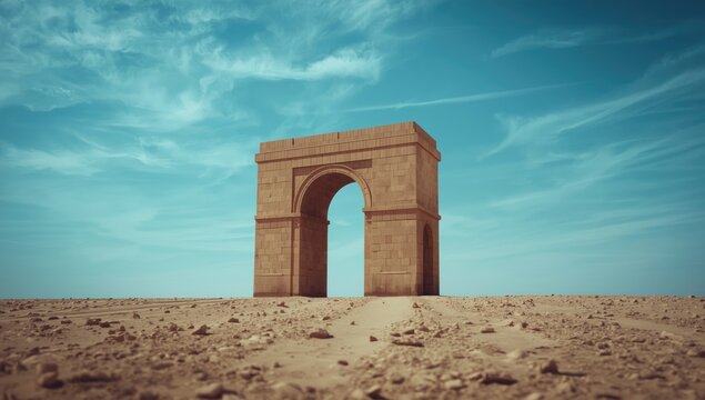 Architectural arch model positioned in dry sandy terrain beneath blue sky