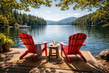 Fototapeta premium Sunny lakeside view featuring vivid red chairs and calm water