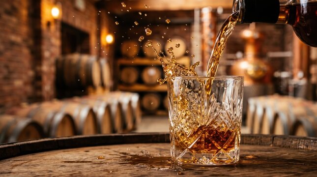 Whiskey pouring into a crystal glass on a wooden barrel in a distillery. Alcoholic beverage splashing with liquid drops. Concept of luxury spirits, bar culture and premium craft alcohol.