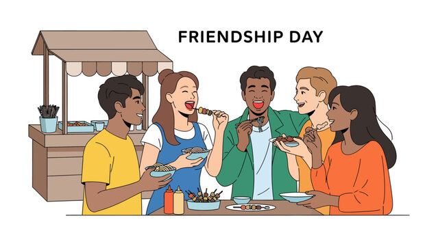 Friendship Day Feast: A group of diverse friends enjoys a delightful street food experience, celebrating Friendship Day with laughter and shared bites from a food stall.