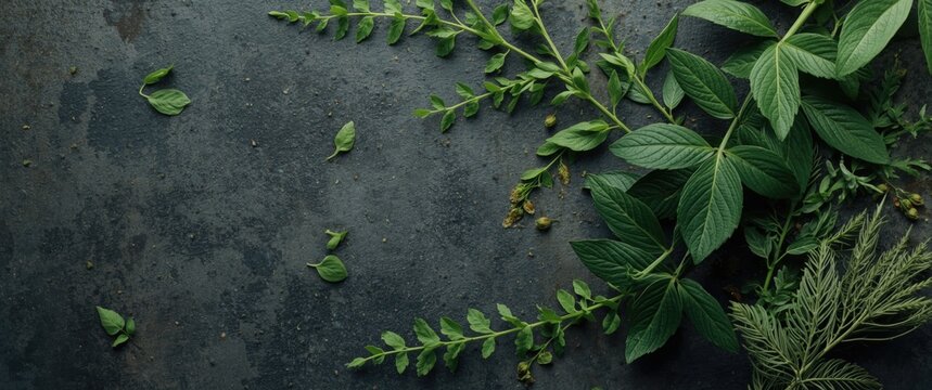 Herbal Plant Leaves Arrangement for Medicine Presentation Dark Background, Text Space