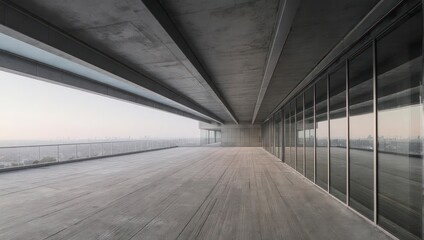 Obraz premium Modern, open-air concrete balcony overlooking a cityscape at dusk, showcasing linear design