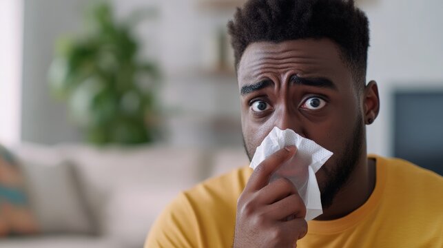 Sick young african american man is blowing his nose with a tissue while sitting on a sofa in the living room, he has a cold or seasonal flu