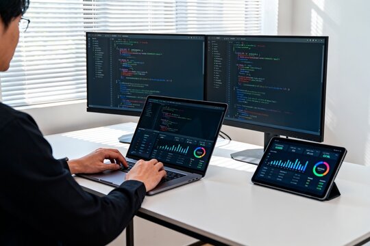 Person working on multiple devices with code