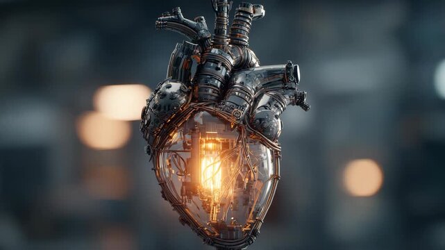 Glowing robotic heart pulsing in industrial setting
